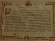 'Pacis nuntius', the Oct. 24, 1964 apostolic letter by which Bl. Paul VI declared St. Benedict a patron of Europe, displayed at Montecassino abbey.