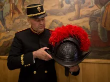 The Swiss Guards' new helmet is presented at a press conference. 