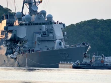 The USS Fitzgerald returns to Fleet Activities Yokosuka following a collision with a merchant vessel, June 17, 2017. US Navy photo by MC 1st Class Peter Burghart/Released.