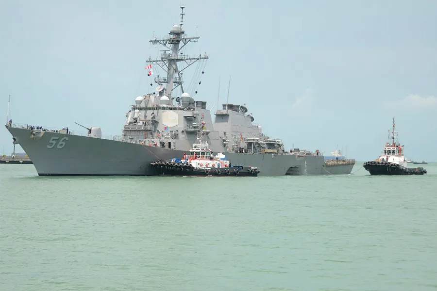 The USS John S. McCain is steered to Changi Naval Base in Singapore following a collision with a mercant vessel, Aug. 21, 2017. US Navy photo by MC 3rd Class Madailein Abbott/Released.?w=200&h=150