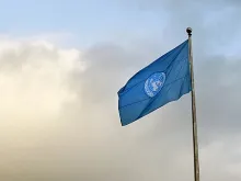 The United Nations flag flying outside its headquarters. 