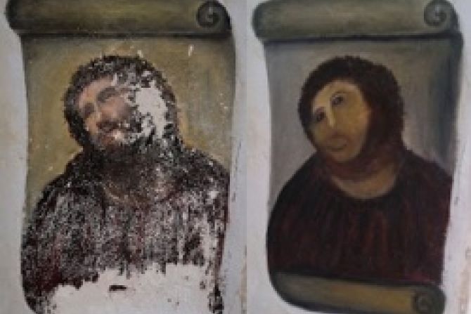 The painting Ecce Homo before and after Credit Centro de Estudios Borjanos CNA World Catholic News 9 20 12