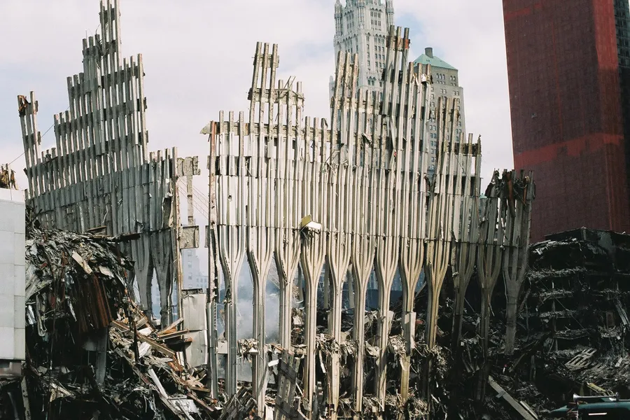 The then-remaining section of the World Trade Center surrounded by rubble, Sept. 27, 2001.?w=200&h=150