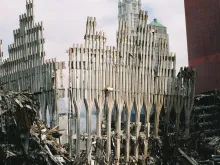 The then-remaining section of the World Trade Center surrounded by rubble, Sept. 27, 2001.