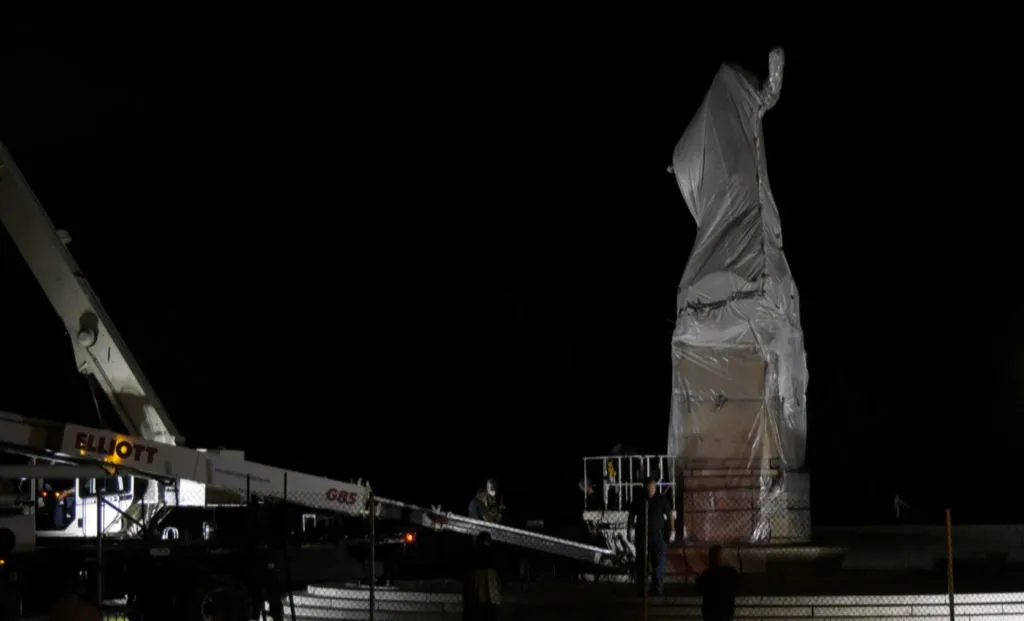 This video still image shows the removal of a statue of Christopher Columbus early on July 24, 2020, at Grant Park in Chicago. ?w=200&h=150