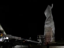 This video still image shows the removal of a statue of Christopher Columbus early on July 24, 2020, at Grant Park in Chicago. 