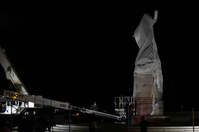 This video still image shows the removal of a statue of Christopher Columbus early on July 24 2020 at Grant Park in Chicago Credit Derek R Henkle AFP via Getty Images