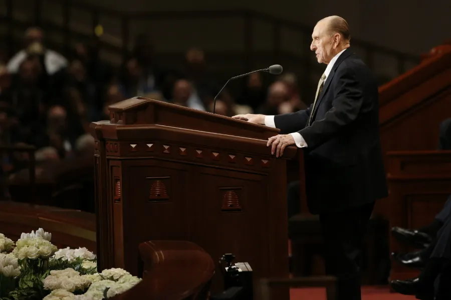 Thomas Monson, president of the Mormon Church, speaks at the group's April 2017 general conference. Monson died Jan. 2, 2018. Photo courtesy of The Church of Jesus Christ of Latter-day Saints.?w=200&h=150
