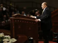 Thomas Monson, president of the Mormon Church, speaks at the group's April 2017 general conference. Monson died Jan. 2, 2018. Photo courtesy of The Church of Jesus Christ of Latter-day Saints.