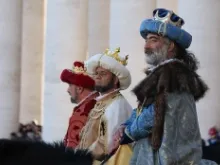 Three Wise men ride through St. Peters Square during a parade held after Pope Francis' Mass for the Feast of the Epiphany on Jan. 6, 2014 