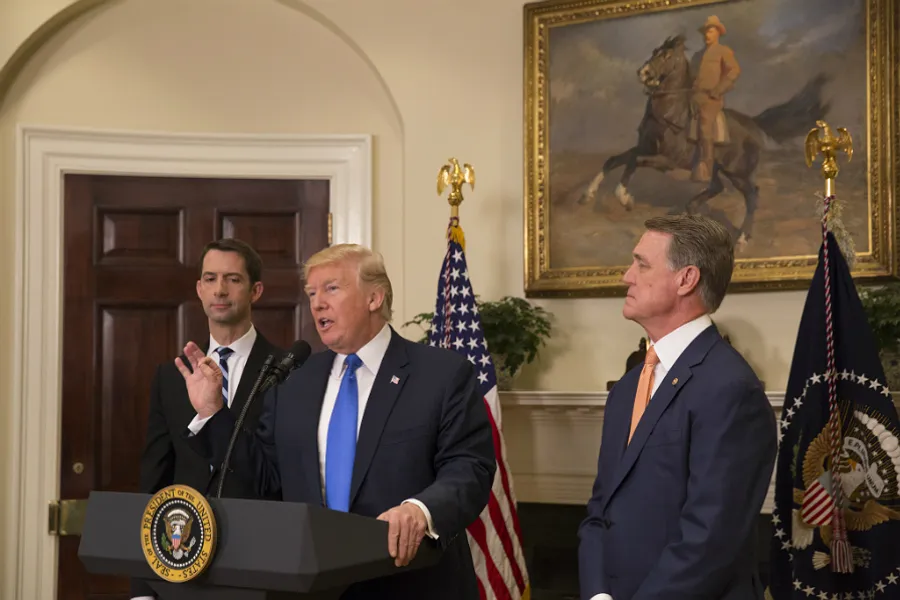 President Trump announces the introduction of the RAISE Act with Sen. Tom Cotton, R-Ark. (left), and Sen. David Perdue, R-Ga., at the White House, Aug. 2, 2017. ?w=200&h=150