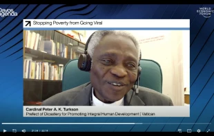 A screenshot of Cardinal Peter Turkson addressing a virtual summit organized by the World Economic Forum Jan. 28, 2021.