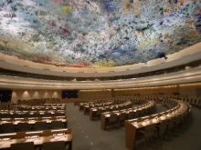 The meeting room of the United Nations Human Rights Council, in the Palace of Nations in Geneva, Switzerland.