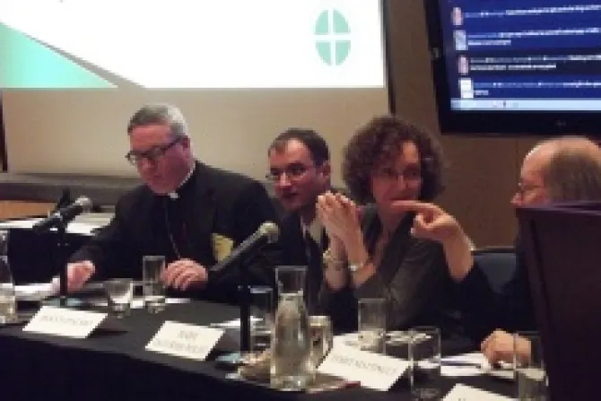 USCCB Bishops and Bloggers panel L R Bishop Christopher Coyne Rocco Palmo Mary DeTurris Poust and blogger Terry Mattingly Credit Michelle Bauman CNA CNA500 11 12 12