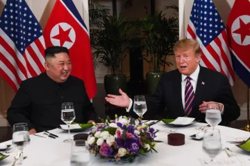 US President Donald Trump R and North Koreas leader Kim Jong Un sit for a dinner at the Sofitel Legend Metropole hotel in Hanoi Feb 27 2019 Credit SAUL LOEB AFP Getty
