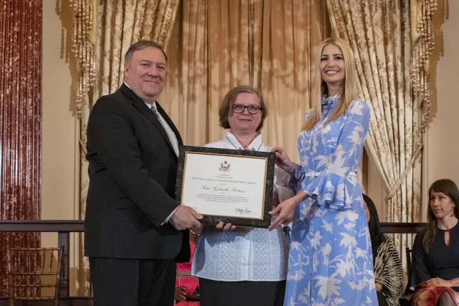 US Secretary of State Michael R Pompeo and Advisor to the President Ivanka Trump presents a certificate to 2019 TIP Report Hero Sister Gabriella Bottani of Italy State Department photo by Ron Przysucha  Public Domain 