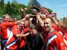 Seminarians from the North American Martyrs celebrate winning the Clericus Cup on May 12, 2012.