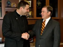 University of Mary President, Fr. James Shea, meets Michael M. Crow, president of Arizona State University on February 29, 2012.