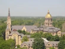 The University of Notre Dame's administration building and Sacred Heart Basilica. 