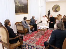 Pope Francis speaks with representatives of the Catholic News Service at the Vatican Feb. 1, 2020. Credit: Vatican Media.