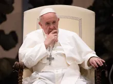 Pope Francis attends the general audience in the Paul VI Audience Hall Oct. 21, 2020. 