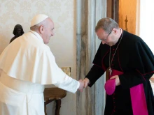 Bishop Georg Bätzing, chairman of the German bishops’ conference, meets with Pope Francis at the Vatican, June 24, 2021.