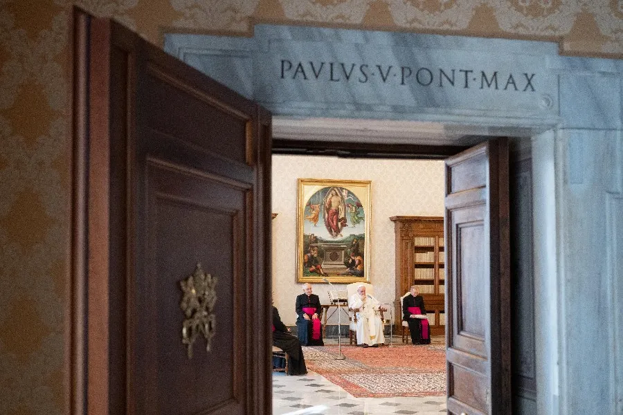 Pope Francis gives his general audience address in the library of the Apostolic Palace Aug. 26. ?w=200&h=150