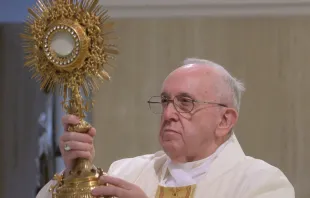 Pope Francis offers Mass in Casa Santa Marta on April 18, 2020.   Vatican Media/CNA.
