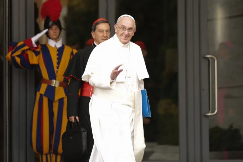 Pope Francis walking out of the Paul VI Hall after Synod sessions during the Synod of Bishops on October 9, 2015. ?w=200&h=150