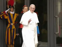 Pope Francis walking out of the Paul VI Hall after Synod sessions during the Synod of Bishops on October 9, 2015. 