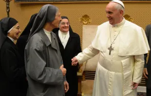 Pope Francis greets his second cousin, Sister Ana Rosa Sivori, in 2013.   Vatican Media.