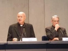 Archbishop Claudio Maria Celli and Fr. Federico Lombardi speak at a press conference announcing the Vatican news portal