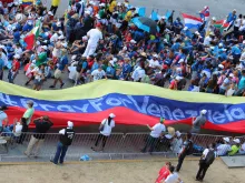 A Pray for Venezuela banner at Campo Santa Maria la Antigua in Panama City, Jan. 24, 2019. 