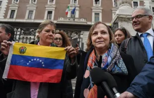 Members of a Venezuelan delegation sent by Venezuelan opposition leader Juan Guaido to meet with Italy's Interior Minister pose in Rome, Feb. 11, 2019.   Tiziana FABI/AFP/Getty Images.