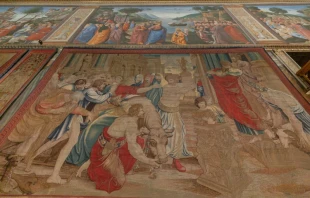 A Raphael-designed tapestry hangs in the Vatican's Sistine Chapel, Feb. 17, 2020.   Governatorato SCV - Direzione del Musei.