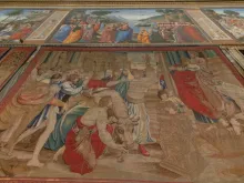 A Raphael-designed tapestry hangs in the Vatican's Sistine Chapel, Feb. 17, 2020. 