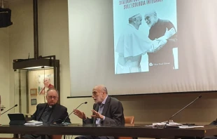 Fr. Antonio Spadaro and Carlo Petrini at a press conference for the book “TerraFutura” in Rome Sept. 8, 2020.   Hannah Brockhaus/CNA.