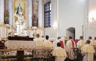 The statue of St. Michael the Archangel in the Cathedral of the Blessed Name of Mary in Minsk, Belarus, on Sept. 23, 2020.   Catholic.by.