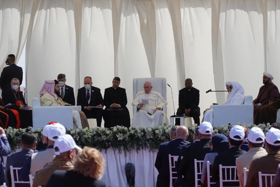 Pope Francis attends an interreligious meeting in the Plain of Ur, Iraq, March 6, 2021. Credit: Colm Flynn/CNA.?w=200&h=150