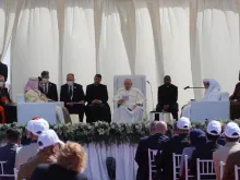 Pope Francis attends an interreligious meeting in the Plain of Ur, Iraq, March 6, 2021. Credit: Colm Flynn/CNA.