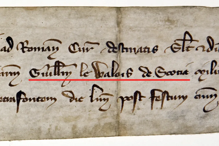 William Wallace of Scotland's name in latin, "Guill[el]m le Walois de Scotia" in the center of the document. ?w=200&h=150