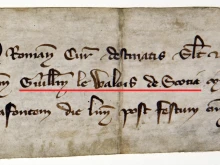 William Wallace of Scotland's name in latin, "Guill[el]m le Walois de Scotia" in the center of the document. 