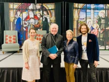 From left to right: Jennifer Baugh, executive director of Young Catholic Professionals; Bishop Edward Burns of Dallas; Dina Dwyer-Owens, former CEO & chairwoman of Neighborly; Jonathan Roumie, actor on 'The Chosen' online series.