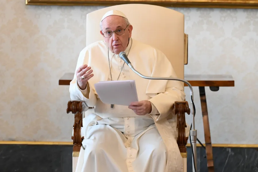 Pope Francis gives a general audience address in the library of the Apostolic Palace. Credit: Vatican Media.?w=200&h=150