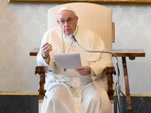 Pope Francis gives a general audience address in the library of the Apostolic Palace. Credit: Vatican Media.