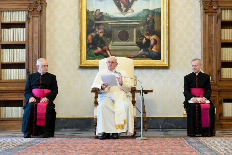 Pope Francis gives his general audience address in the library of the Apostolic Palace May 13, 2020. ?w=200&h=150