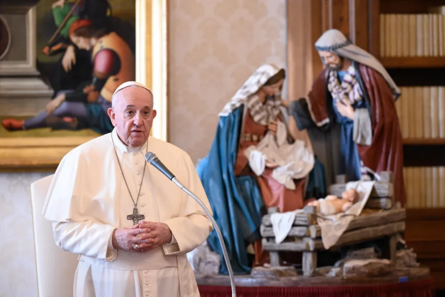 Pope Francis speaks during a general audience in the library of the Apostolic Palace. Credit: Vatican Media.?w=200&h=150