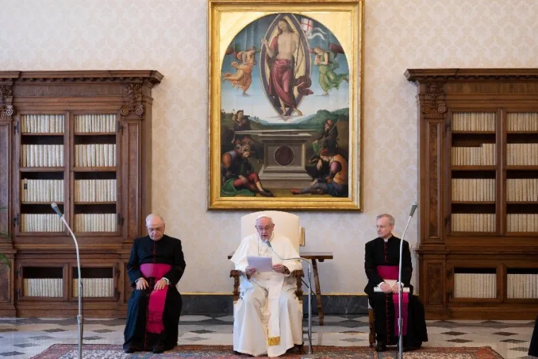 Pope Francis gives his general audience address in the library of the Apostolic Palace Aug. 19. Credit: Vatican Media