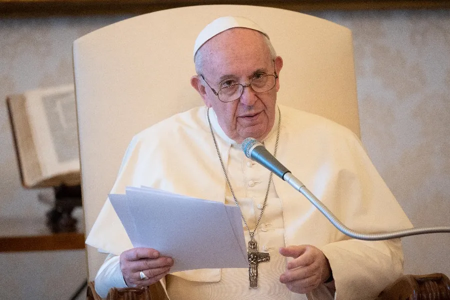 Pope Francis gives his general audience address in the library of the Apostolic Palace Aug. 26. ?w=200&h=150