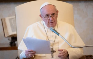 Pope Francis gives his general audience address in the library of the Apostolic Palace Aug. 26.   Vatican Media
